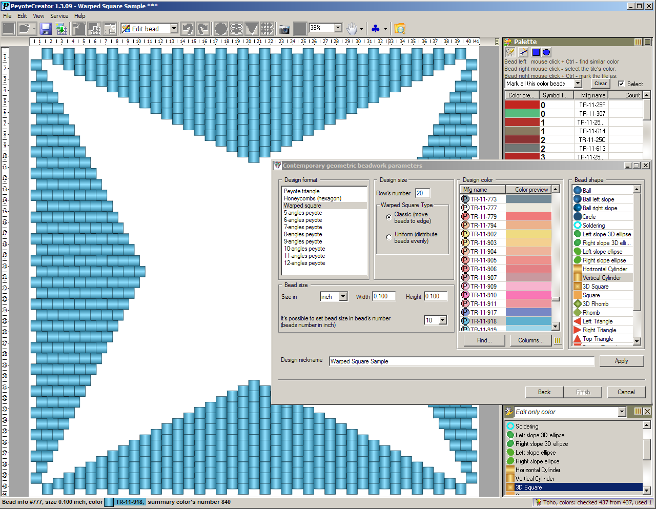 The program PeyoteCreator window when creating Warped Square design pattern