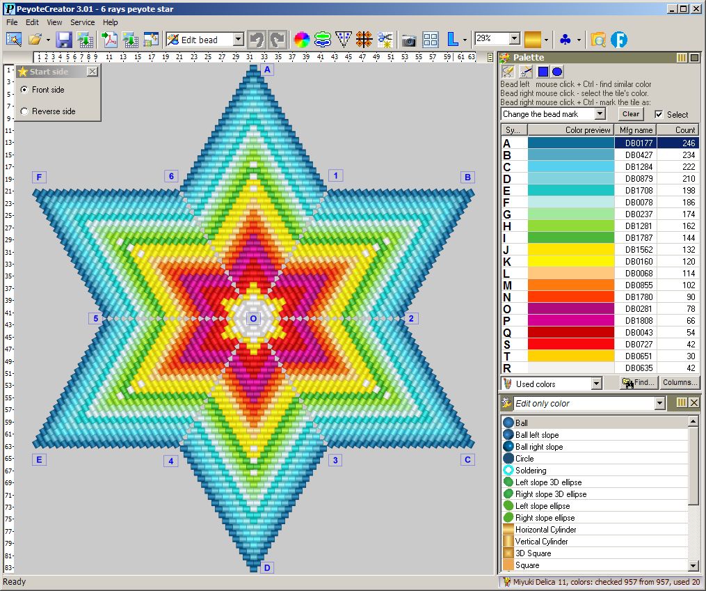 Symmetric drawing feature for quick and exact design of peyote patterns in PeyoteCreator application